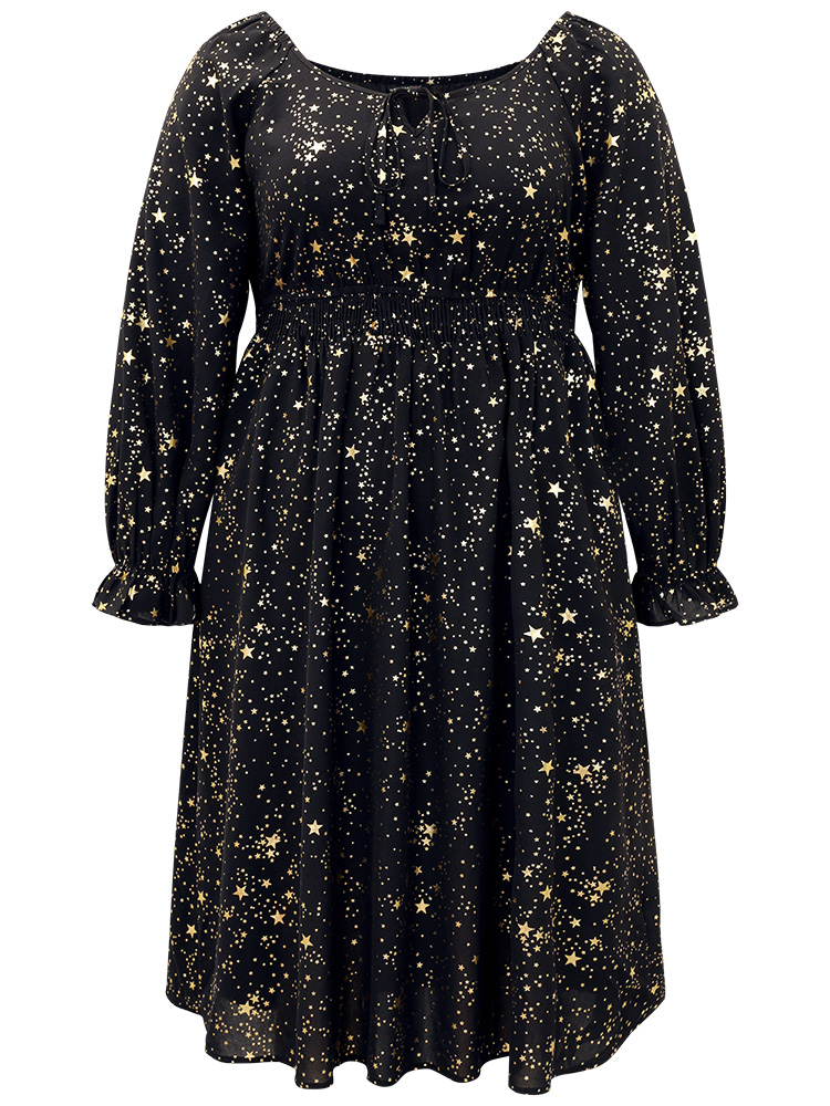 Plus Size Women Going out Star and moon Cross straps Lantern Sleeve Long Sleeve Tie Neck Pocket Party Dresses BloomChic 