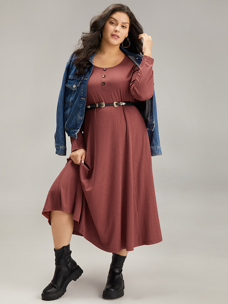 

Plus Size Rib Knit Solid Button Up Pocket Ruffle Hem Dress Scarlet Women Plain Round Neck Long Sleeve Curvy Midi Dress BloomChic