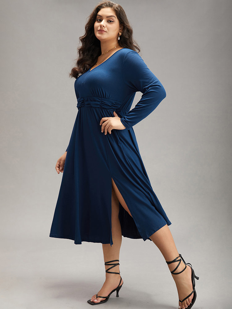 Plus Size Supersoft Essentials Ruched Split Side Dress DarkBlue Women Elegant Plain V-neck Long Sleeve Curvy Midi Dress BloomChic 18-20/2X 