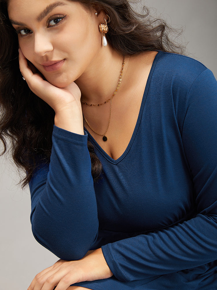 Plus Size Supersoft Essentials Ruched Split Side Dress DarkBlue Women Elegant Plain V-neck Long Sleeve Curvy Midi Dress BloomChic 18-20/2X 