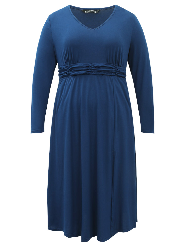 Plus Size Supersoft Essentials Ruched Split Side Dress DarkBlue Women Elegant Plain V-neck Long Sleeve Curvy Midi Dress BloomChic 18-20/2X 
