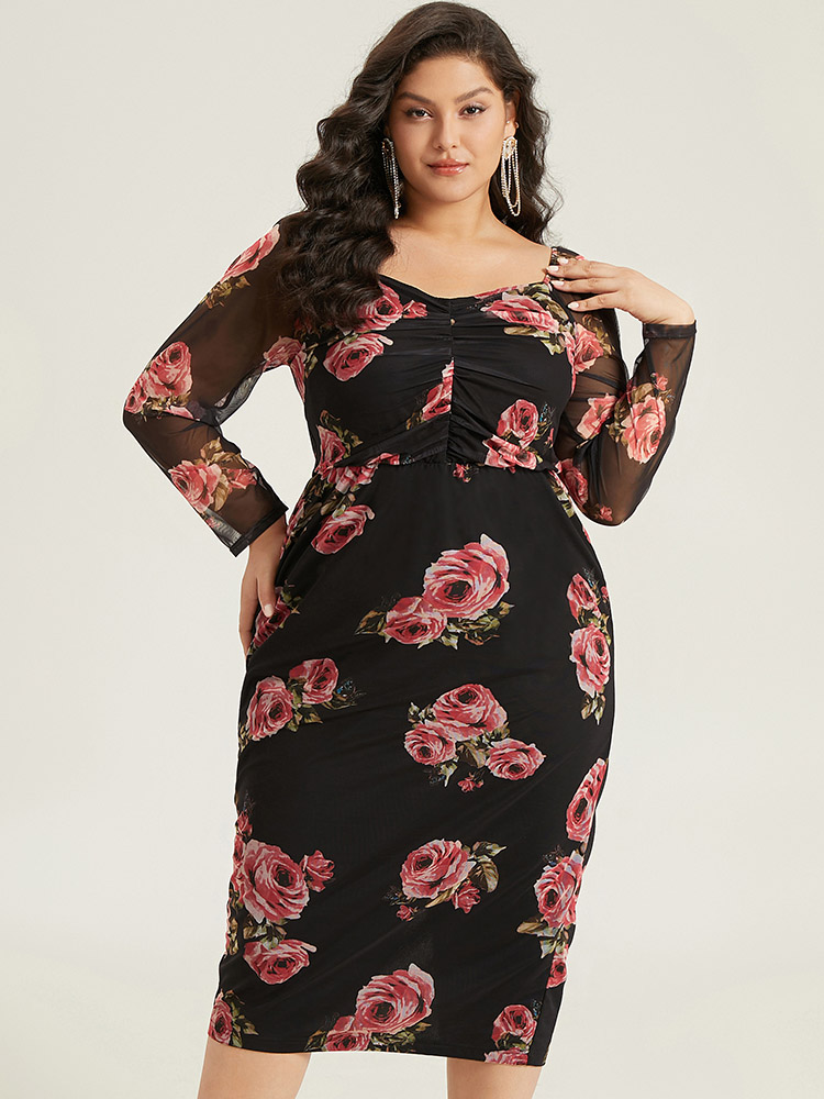 

Plus Size Floral Mesh Patchwork Ruched Square Neck Split Hem Dress BlackFlower Women Cocktail Gathered Square Neck Long Sleeve Curvy Midi Dress BloomChic