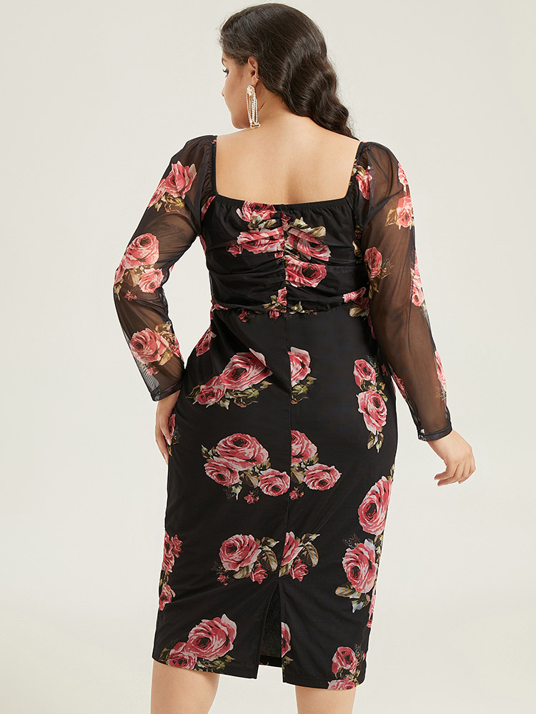 Plus Size Floral Mesh Patchwork Ruched Square Neck Split Hem Dress BlackFlower Women Cocktail Gathered Square Neck Long Sleeve Curvy Midi Dress BloomChic 22-24/3X 