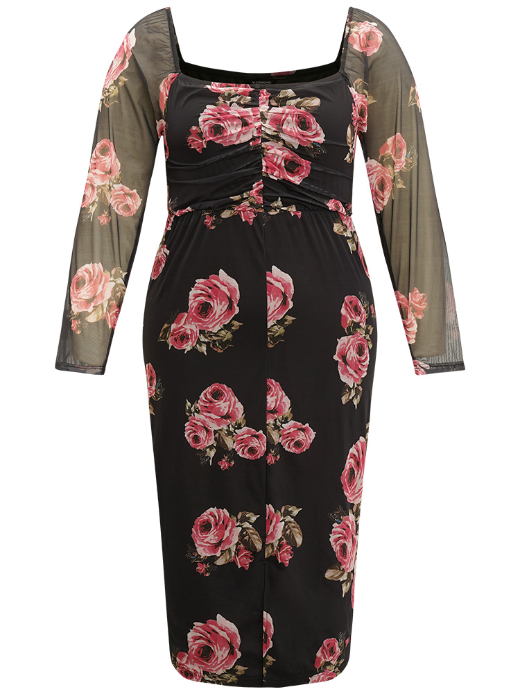 Plus Size Floral Mesh Patchwork Ruched Square Neck Split Hem Dress BlackFlower Women Cocktail Gathered Square Neck Long Sleeve Curvy Midi Dress BloomChic 22-24/3X 
