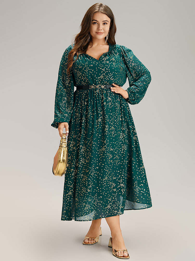 

Plus Size Glitter Star Notched Pleated Lantern Sleeve Dress Teal Women Party Elastic cuffs Notched collar Long Sleeve Curvy Midi Dress BloomChic