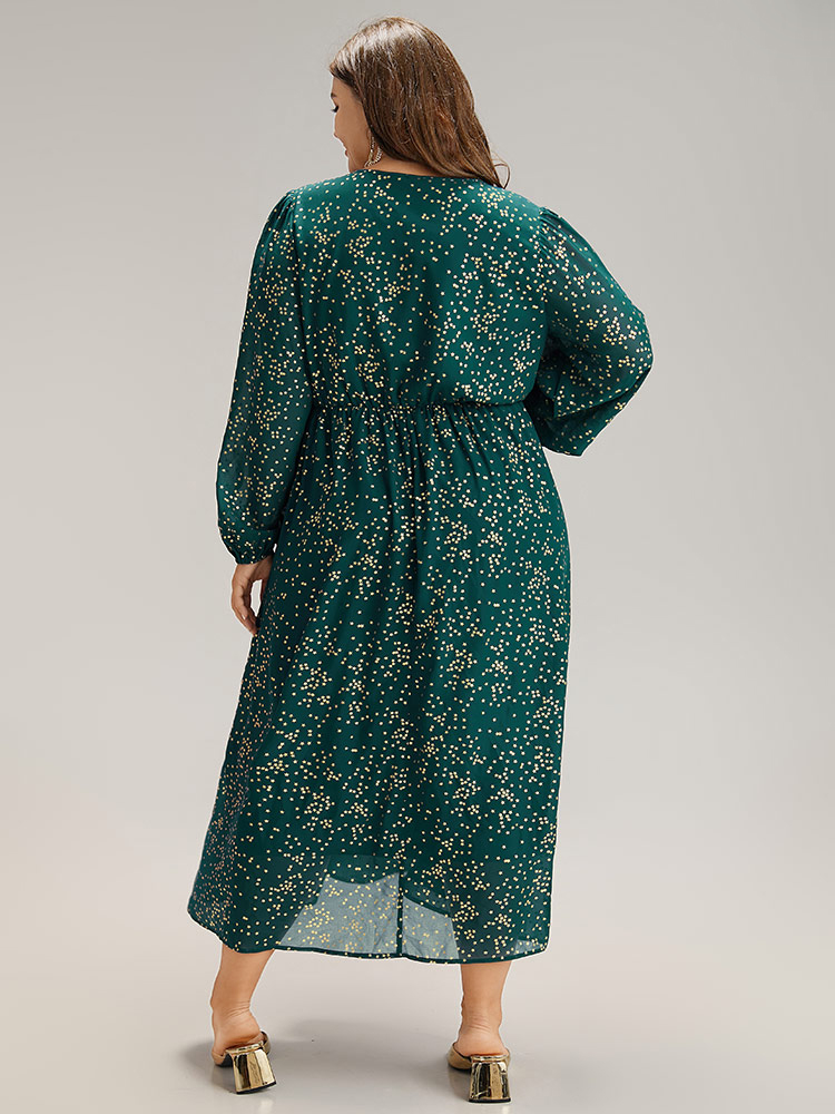 

Plus Size Glitter Star Notched Pleated Lantern Sleeve Dress Teal Women Party Elastic cuffs Notched collar Long Sleeve Curvy Midi Dress BloomChic