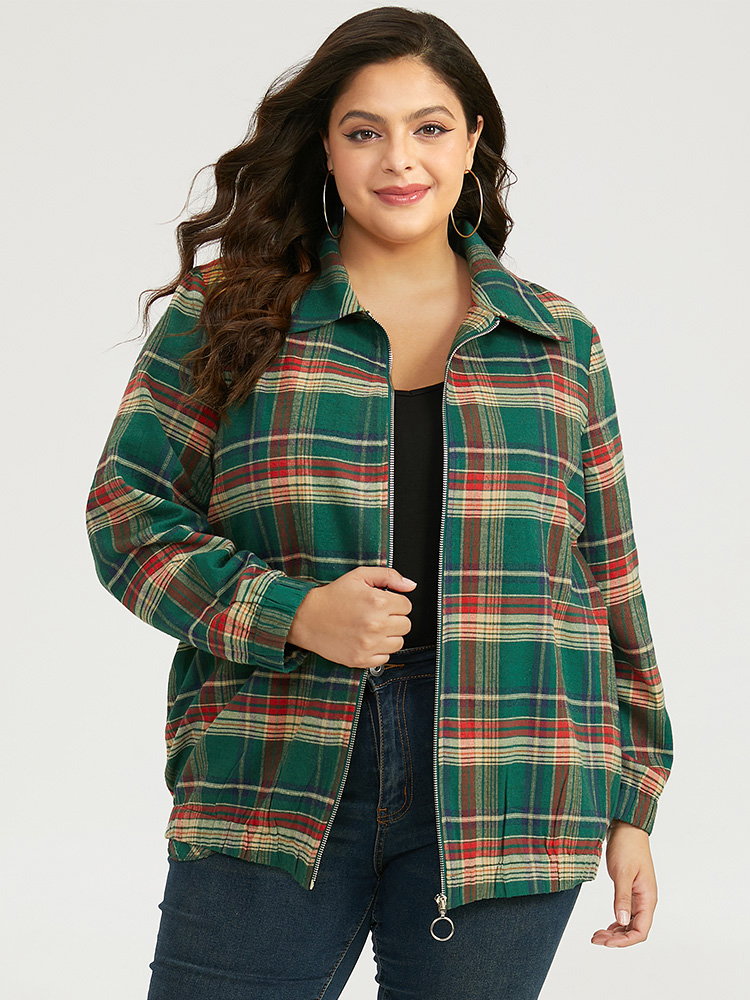 

Plus Size Plaid Contrast Zipper Pocket Jacket Women Emerald Elastic cuffs Pocket Dailywear Jackets BloomChic