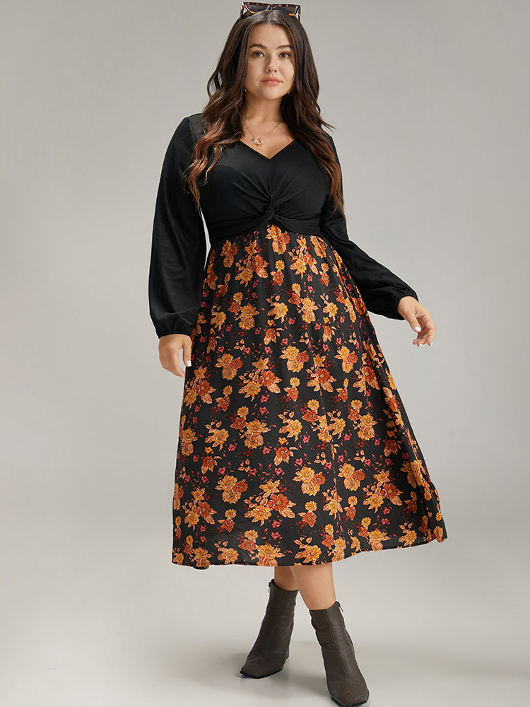 

Plus Size Supersoft Essentials Floral Patchwork Twist Front Dress Black Women Elegant Elastic cuffs V-neck Long Sleeve Curvy Midi Dress BloomChic