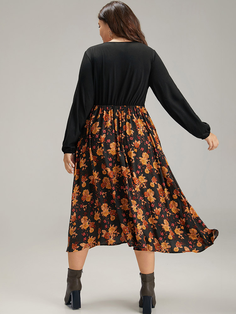 Plus Size Supersoft Essentials Floral Patchwork Twist Front Dress Black Women Elegant Elastic cuffs V-neck Long Sleeve Curvy Midi Dress BloomChic 28/5X 