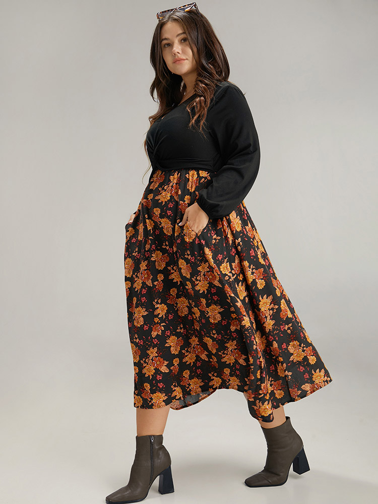 Plus Size Supersoft Essentials Floral Patchwork Twist Front Dress Black Women Elegant Elastic cuffs V-neck Long Sleeve Curvy Midi Dress BloomChic 28/5X 