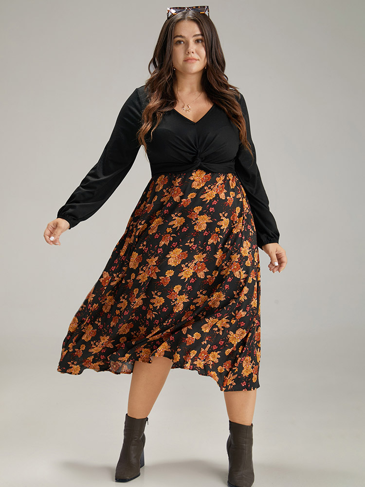 Plus Size Supersoft Essentials Floral Patchwork Twist Front Dress Black Women Elegant Elastic cuffs V-neck Long Sleeve Curvy Midi Dress BloomChic 28/5X 