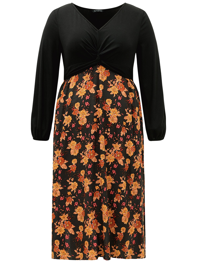Plus Size Supersoft Essentials Floral Patchwork Twist Front Dress Black Women Elegant Elastic cuffs V-neck Long Sleeve Curvy Midi Dress BloomChic 28/5X 
