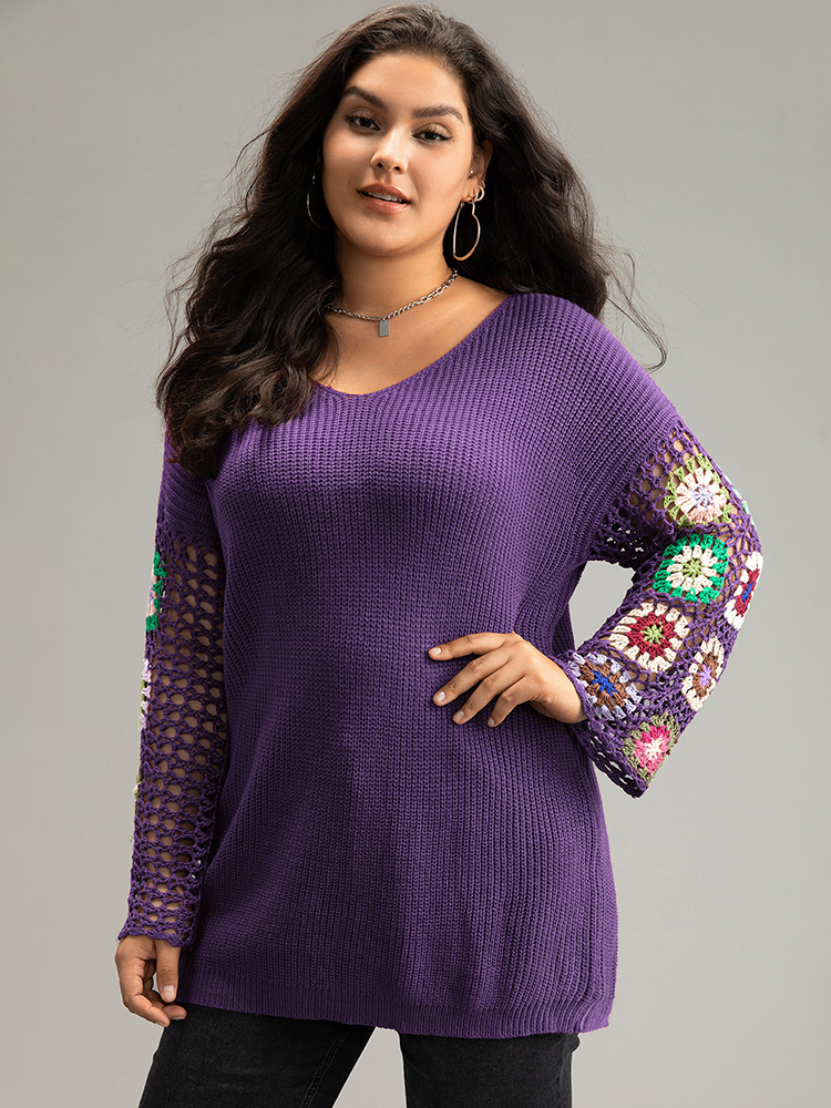 

Plus Size Floral Embroidered Hollow Out Pullover Purple Women Casual Long Sleeve V-neck Everyday Pullovers BloomChic