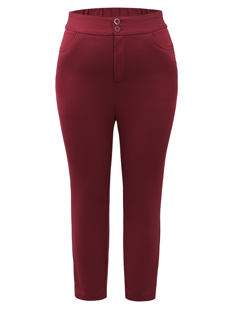 Plus Size Women Work Plain Elastic Waist Mid Rise Pocket Office Pants BloomChic 
