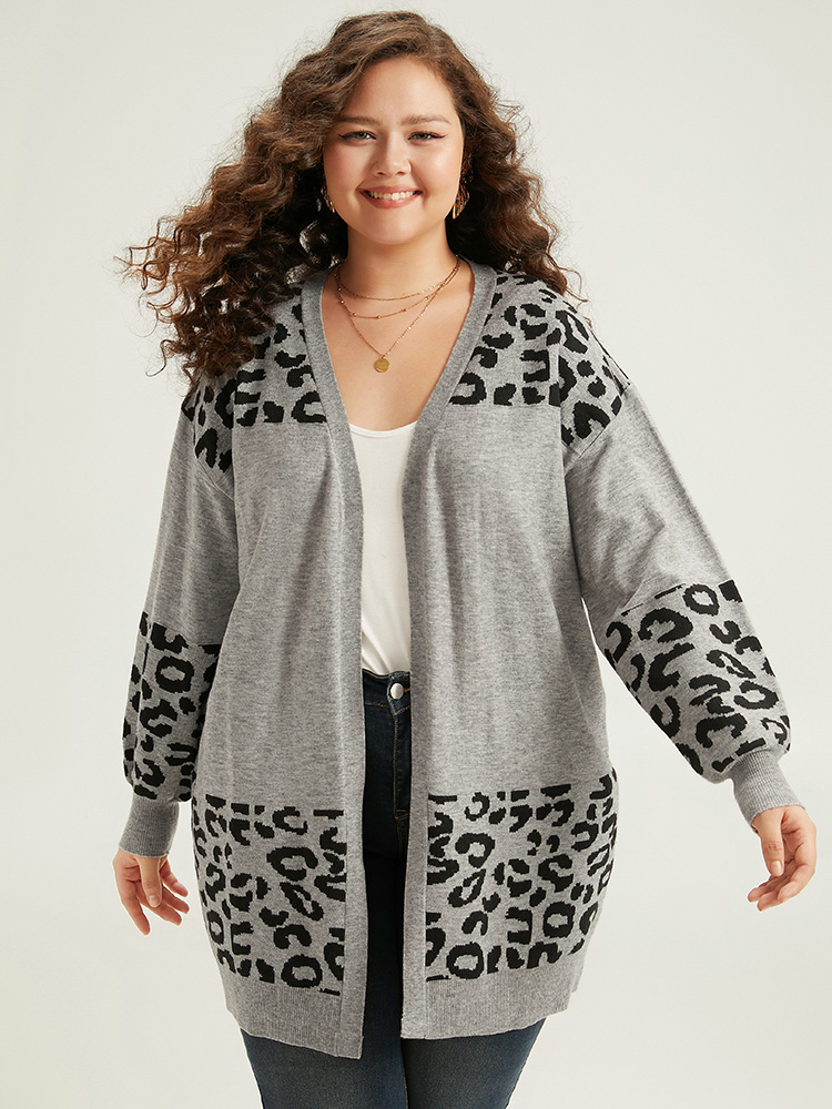 

Plus Size Supersoft Essentials Leopard Contrast Elastic Cuffs Pullover DarkGray Women Casual Loose Long Sleeve Dailywear Cardigans BloomChic