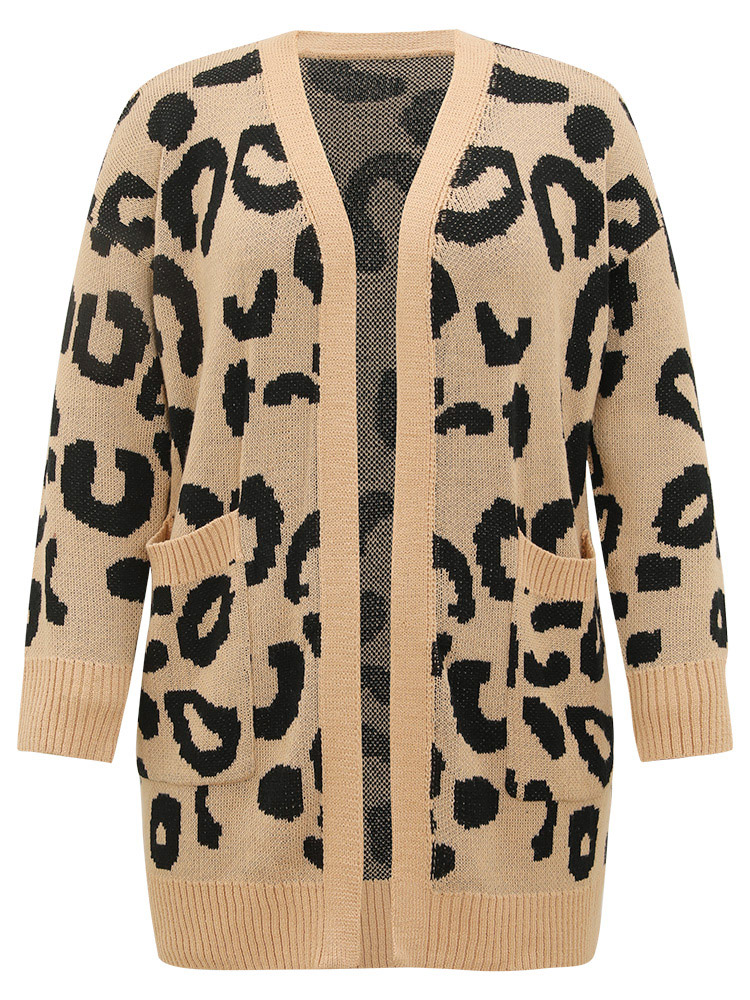 

Plus Size Leopard Elastic Cuffs Drop Shoulder Cardigan Leopard Women Casual Loose Long Sleeve Everyday Cardigans BloomChic