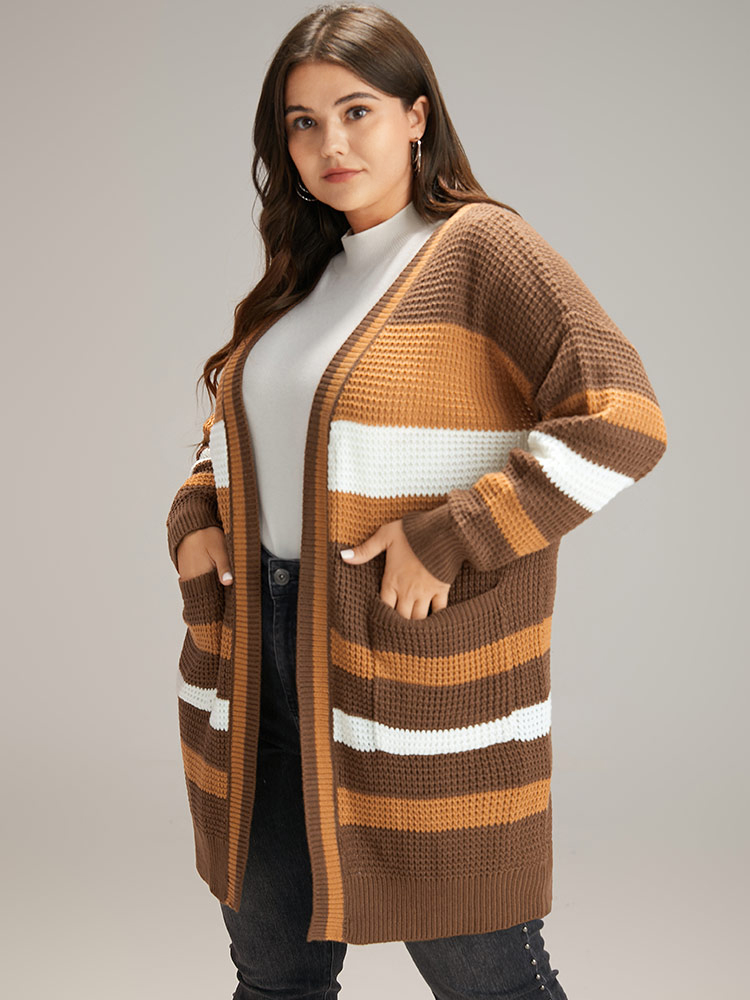 Plus Size Cardigans | Contrast Open Front Patched Pocket Tunic Cardigan | BloomChic 