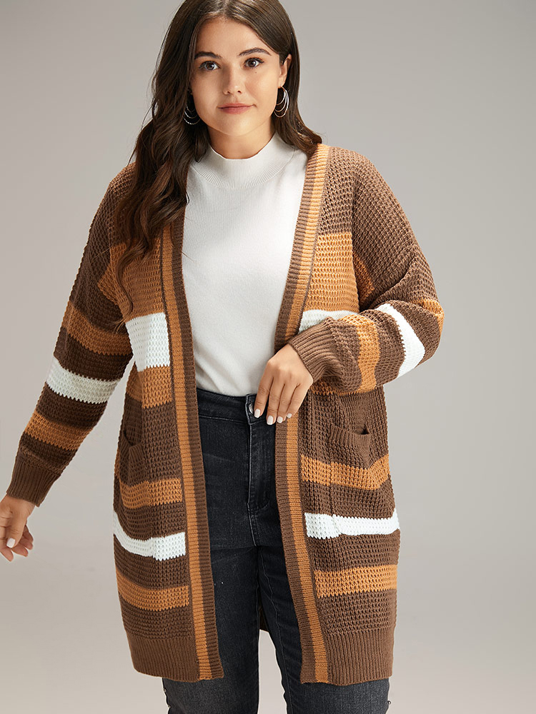 Plus Size Cardigans | Contrast Open Front Patched Pocket Tunic Cardigan | BloomChic 