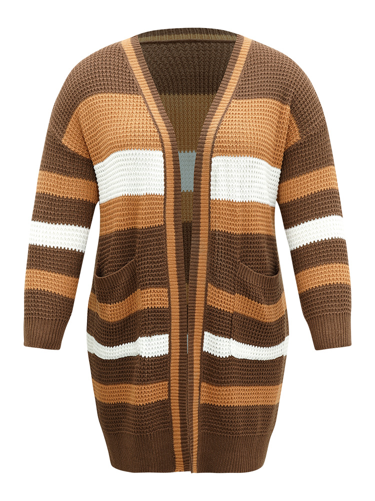 Plus Size Cardigans | Contrast Open Front Patched Pocket Tunic Cardigan | BloomChic 