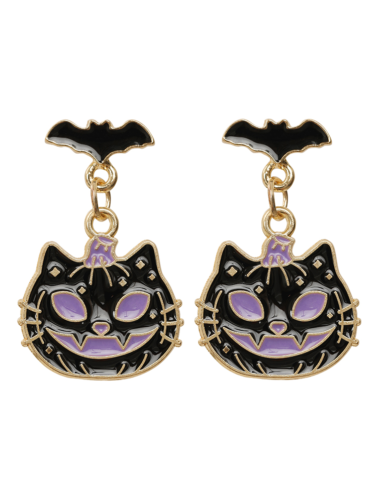 Halloween Cat Pendant Earrings Graphic-Halloween One Size Earrings BloomChic