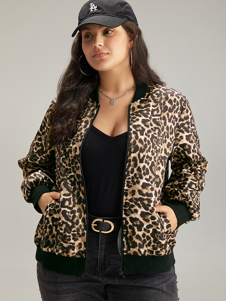 

Plus Size Leopard Patchwork Zipper Pocket Jacket Women Leopard Elastic cuffs Pocket Dailywear Jackets BloomChic