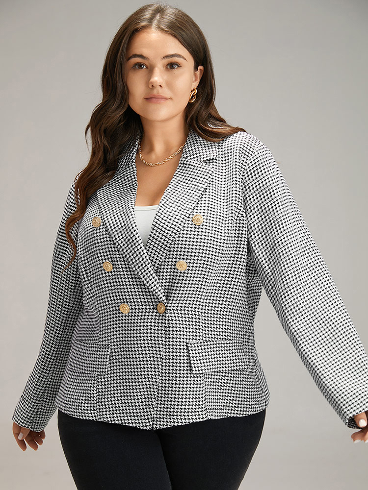 

Plus Size Houndstooth Button Detail Lapel Collar Blazer Black Women Work Houndstooth Contrast Sleeve Long Sleeve Lapel Collar  At the Office Blazers BloomChic