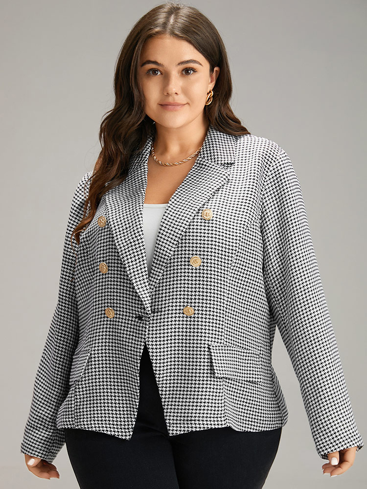 

Plus Size Houndstooth Button Detail Lapel Collar Blazer Black Women Work Houndstooth Contrast Sleeve Long Sleeve Lapel Collar  At the Office Blazers BloomChic