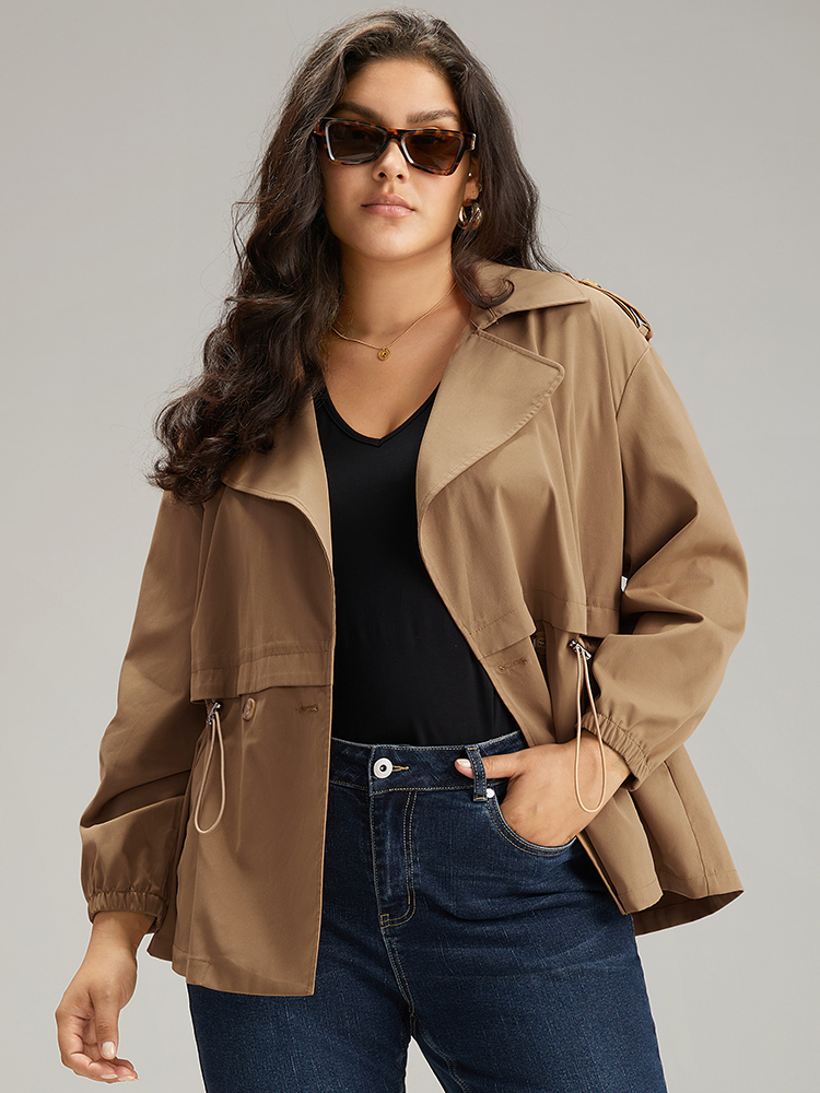 

Plus Size Solid Lapel Collar Drawstring Button Detail Coat Women Bronze Dailywear Elastic cuffs Plain  Pocket Casual Trench Coats BloomChic