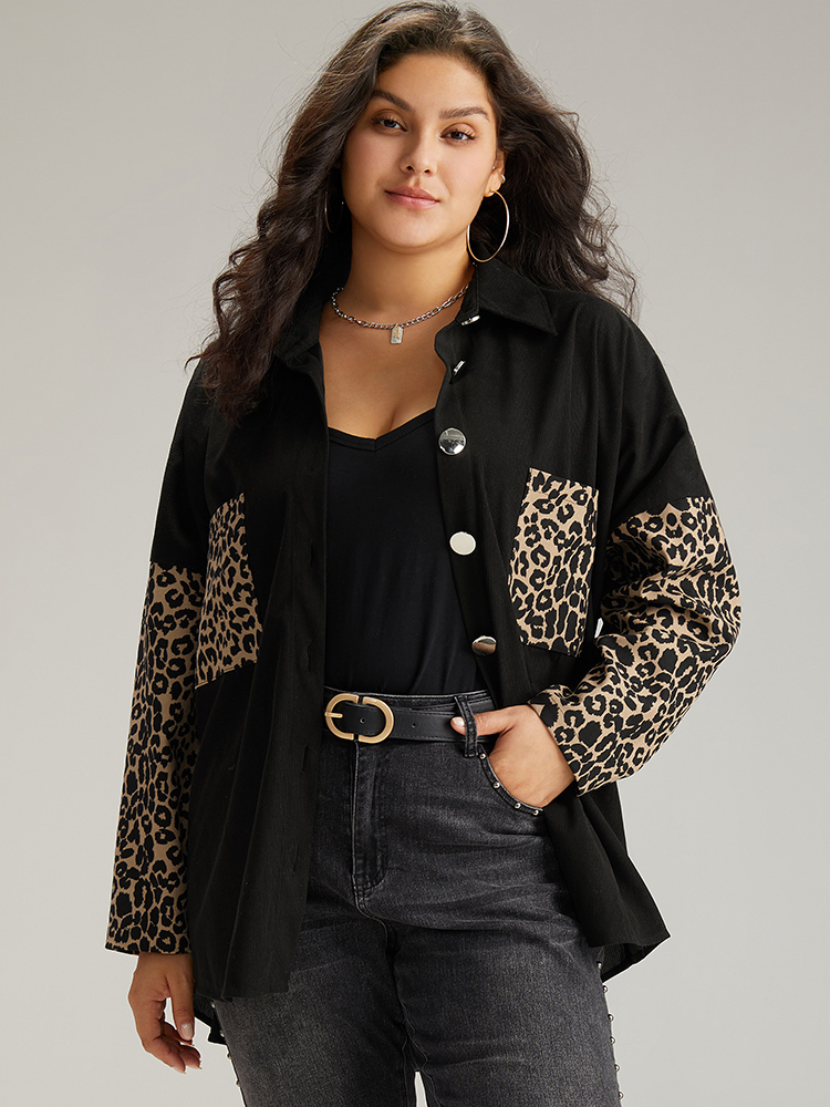 

Plus Size Leopard Patchwork Contrast Pocket Button Up Shacket Women Black Contrast Pocket Dailywear Jackets BloomChic