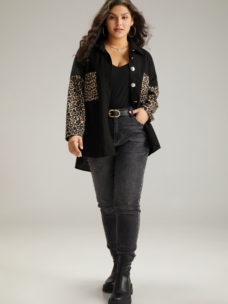 Plus Size Women Dailywear Leopard Contrast Pocket Casual Coats BloomChic 