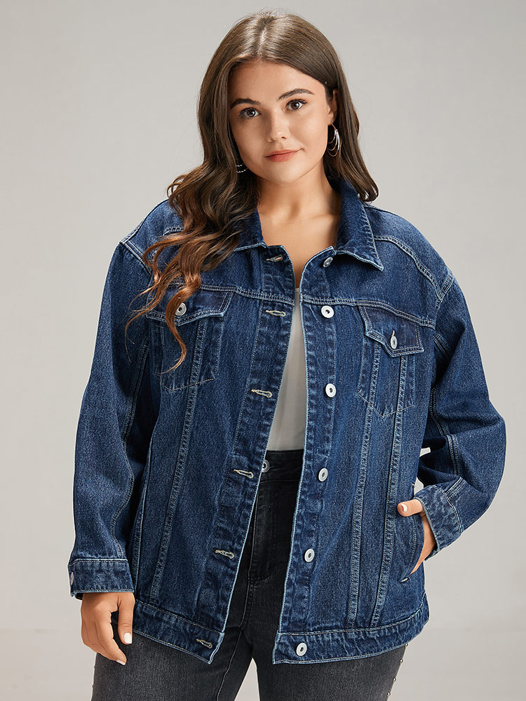 

Women Button Down Pocket Light Wash Denim Jacket DarkBlue Plus Size Plain Plain Dailywear Pocket Casual Denim Jackets BloomChic