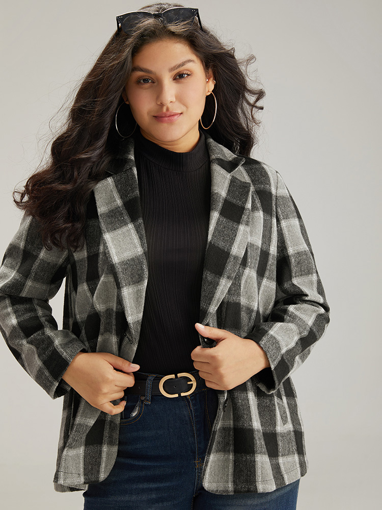 

Plus Size Plaid Pocket Button Through Blazer Women Black Casual Contrast Ladies Dailywear Winter Coats BloomChic