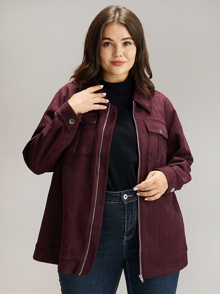 

Plus Size Solid Lapel Collar Button Detail Zipper Fly Coat Women Burgundy Plain Pocket Dailywear Jackets BloomChic