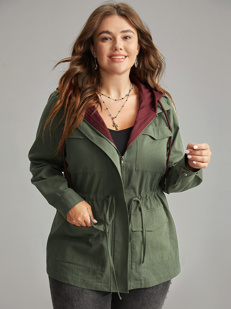 

Plus Size Contrast Hooded Drawstring Flap Pocket Coat Women ArmyGreen Contrast Pocket Everyday Jackets BloomChic