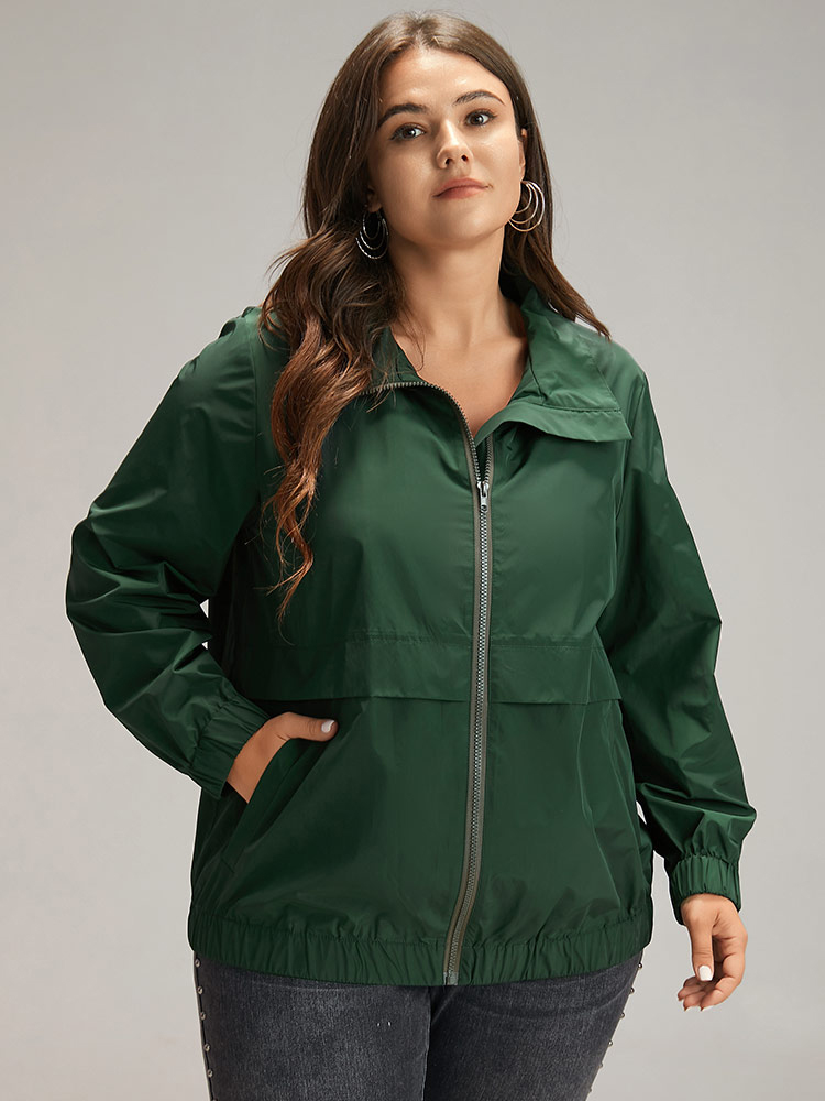 

Plus Size Wind-Resistant Plain Zipper Fly Pocket Jacket Women DarkGreen Elastic cuffs Pocket Dailywear Jackets BloomChic