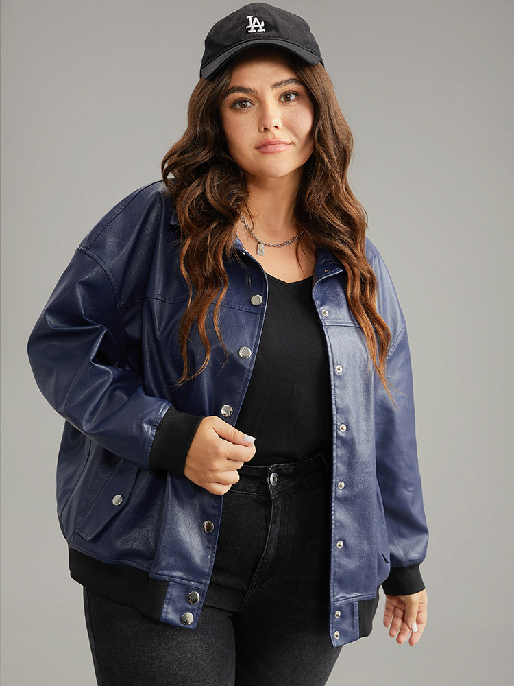 

Plus Size PU Patchwork Pocket Button Through Jacket Women Indigo Elastic cuffs Dailywear Jackets BloomChic