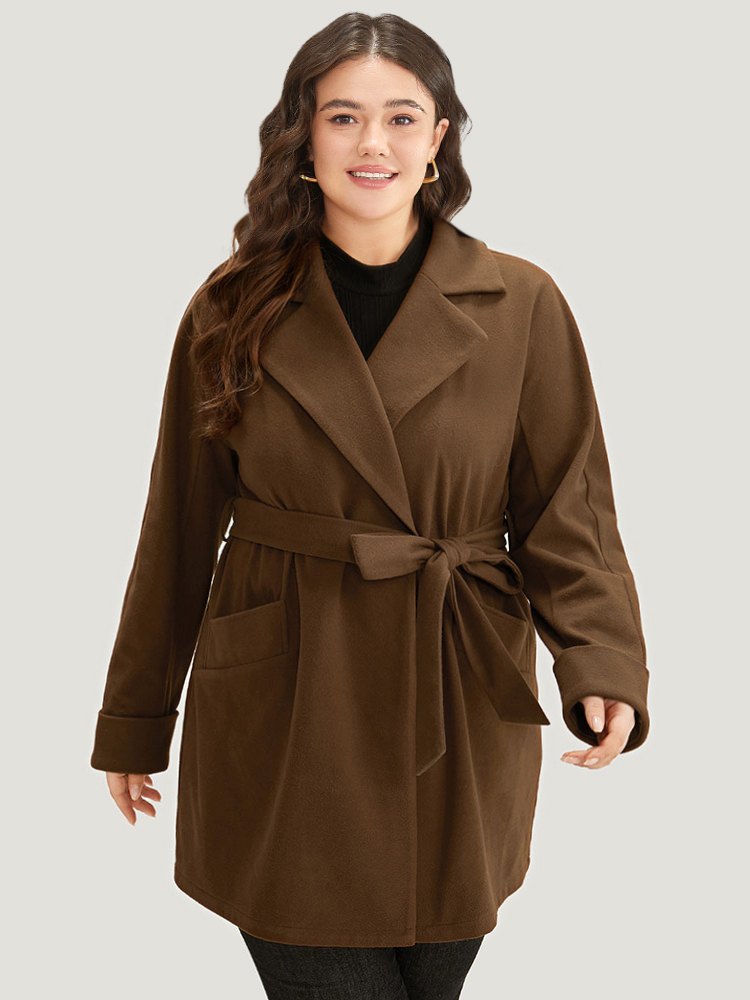 

Plus Size Plain Lapel Collar Pocket Belted Coat Women DarkBrown Casual Plain Ladies Dailywear Winter Coats BloomChic