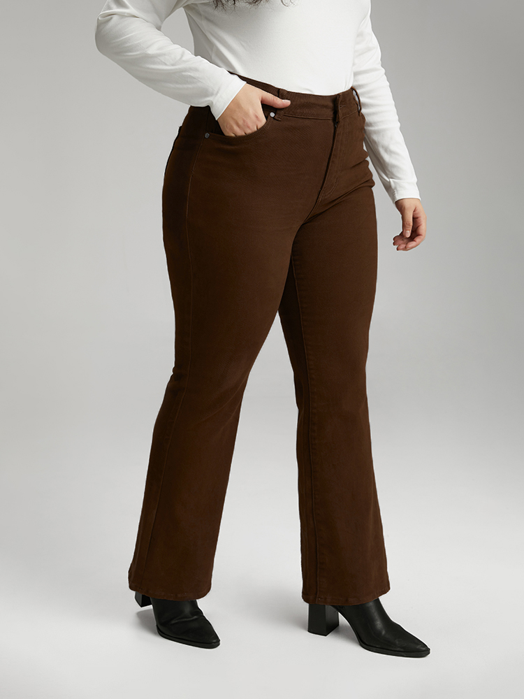 Plus Size Cotton Bootcut Color Wash High Rise Jeans Women DarkBrown Casual Plain Plain High stretch Pocket Jeans BloomChic 12/L 