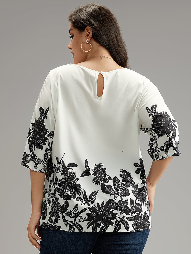 Plus Size White Boho Print V Neck Cut Out Blouse Women Elegant Elbow-length sleeve V-neck Dailywear Blouses BloomChic 18-20/2X 