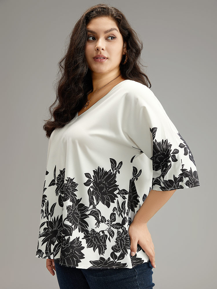 Plus Size White Boho Print V Neck Cut Out Blouse Women Elegant Elbow-length sleeve V-neck Dailywear Blouses BloomChic 18-20/2X 