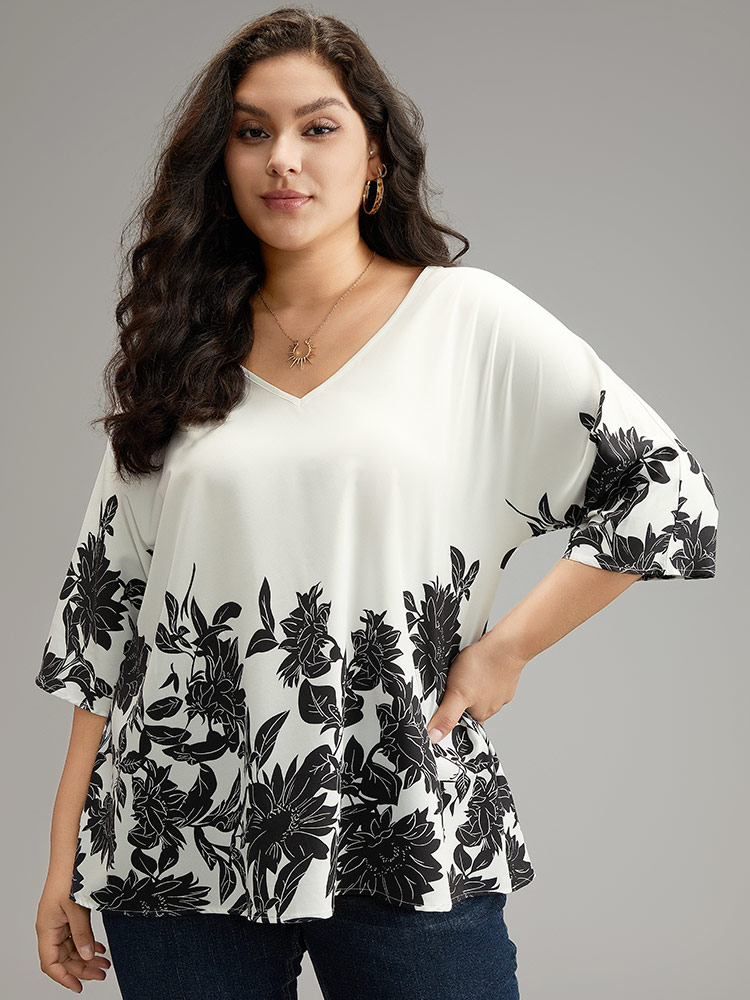 Plus Size White Boho Print V Neck Cut Out Blouse Women Elegant Elbow-length sleeve V-neck Dailywear Blouses BloomChic 18-20/2X 