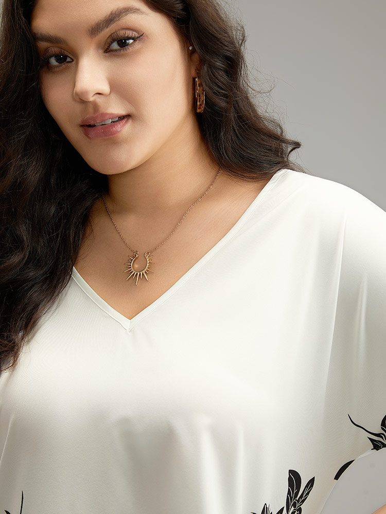 Plus Size White Boho Print V Neck Cut Out Blouse Women Elegant Elbow-length sleeve V-neck Dailywear Blouses BloomChic 18-20/2X 