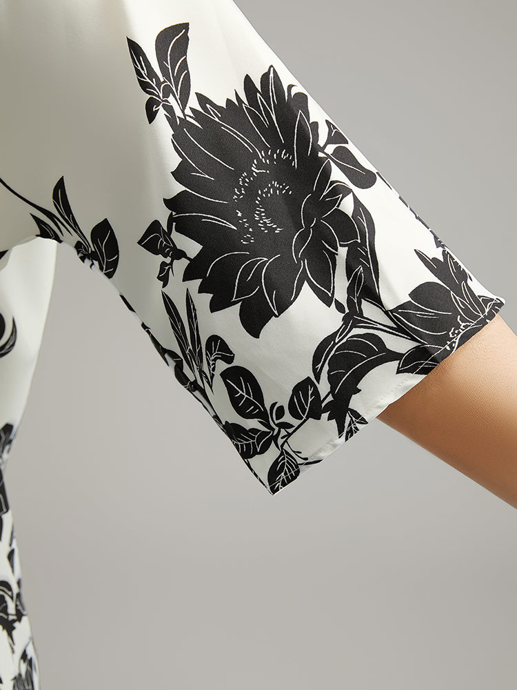 Plus Size White Boho Print V Neck Cut Out Blouse Women Elegant Elbow-length sleeve V-neck Dailywear Blouses BloomChic 18-20/2X 