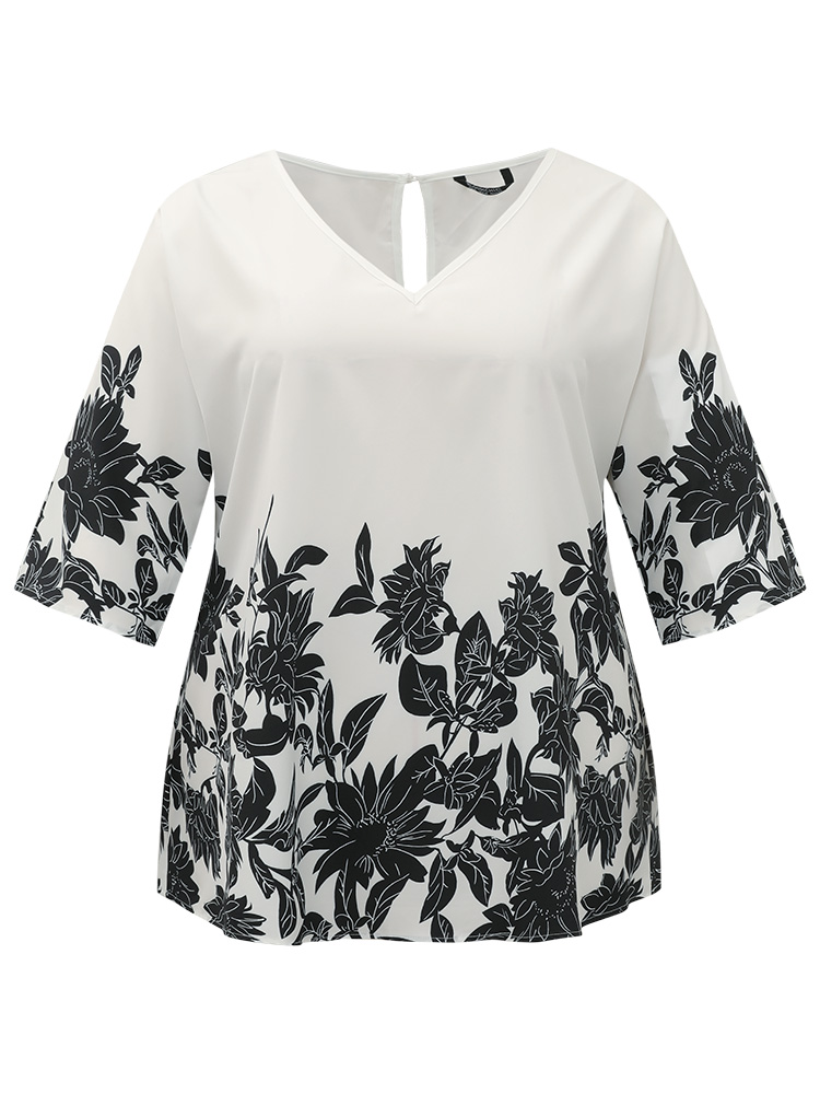Plus Size White Boho Print V Neck Cut Out Blouse Women Elegant Elbow-length sleeve V-neck Dailywear Blouses BloomChic 18-20/2X 