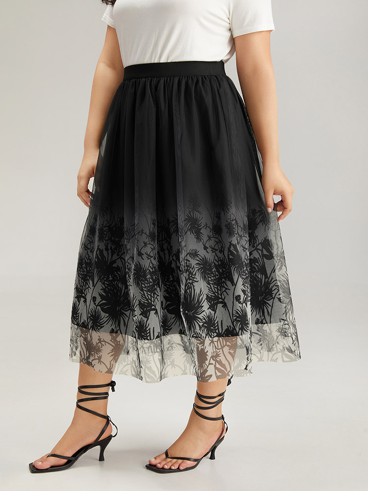 

Plus Size Silhouette Floral Print Ombre Mesh Skirt Women Black Glamour Lined No stretch Going out Skirts BloomChic