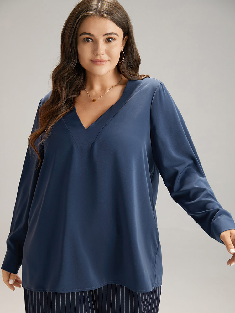 Plus Size Women Work Plain Plain Regular Sleeve Long Sleeve V-neck Office Blouses BloomChic 