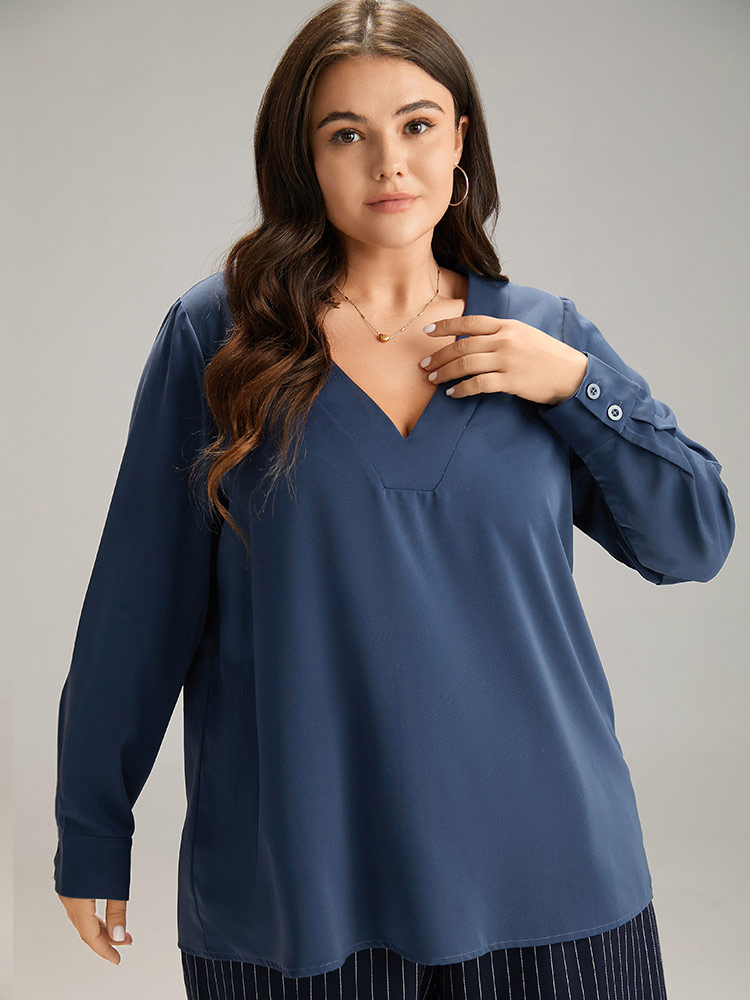 Plus Size Women Work Plain Plain Regular Sleeve Long Sleeve V-neck Office Blouses BloomChic 