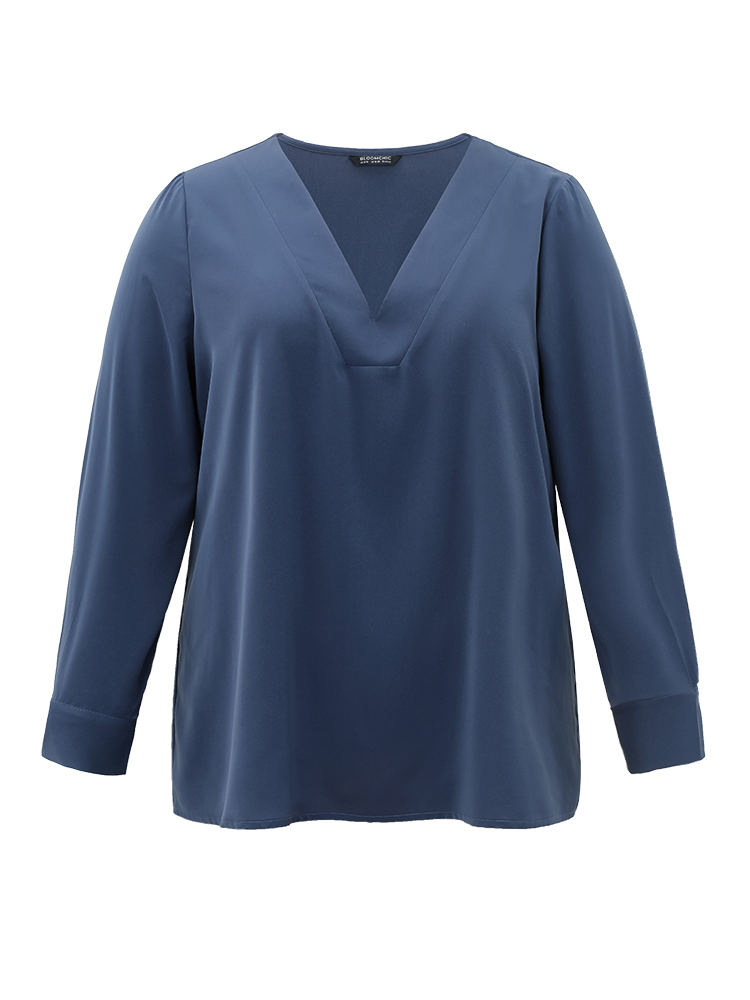 Plus Size Women Work Plain Plain Regular Sleeve Long Sleeve V-neck Office Blouses BloomChic 