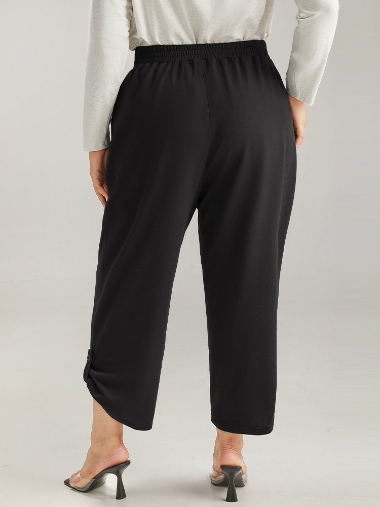 

Plain Elastic Waist Button Detail Sweatpant Black Plus Size Women Casual Dailywear Plain  Bloomchic
