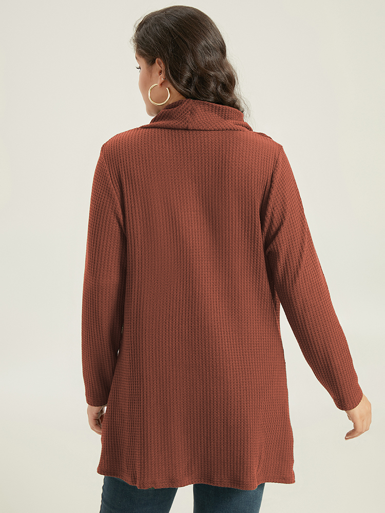 

Plus Size Waffle Knit Cowl Neck Wrap Hem T-shirt Maroon Cowl Neck Long Sleeve Elegant Jersey Tops